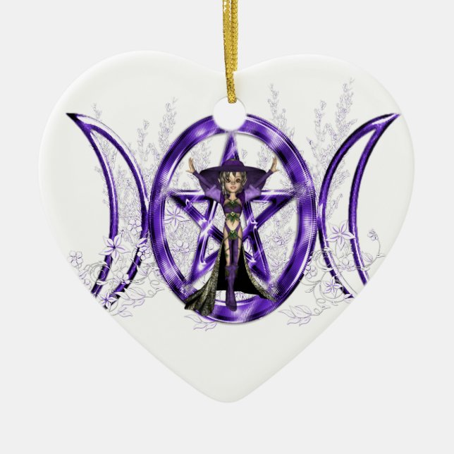 Wiccan lila dreifaches Mond-Göttin-Pentagramm Keramikornament (Vorne)