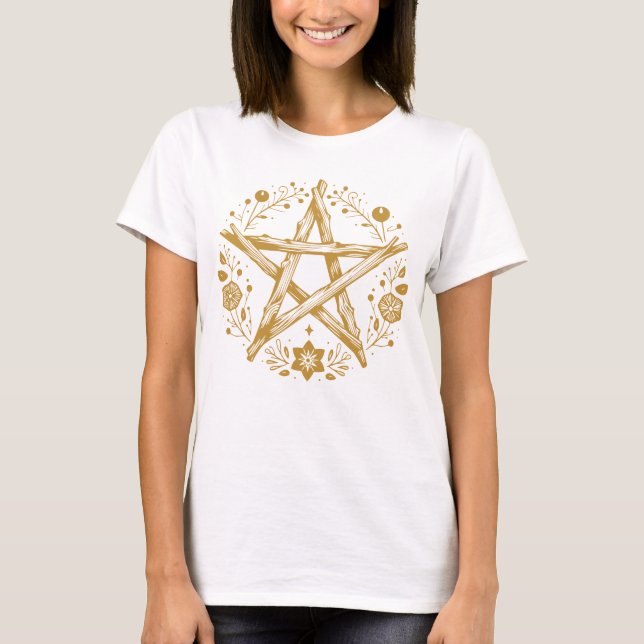 Wiccan Pagan Gold Pentagramm T-Shirt (Vorderseite)
