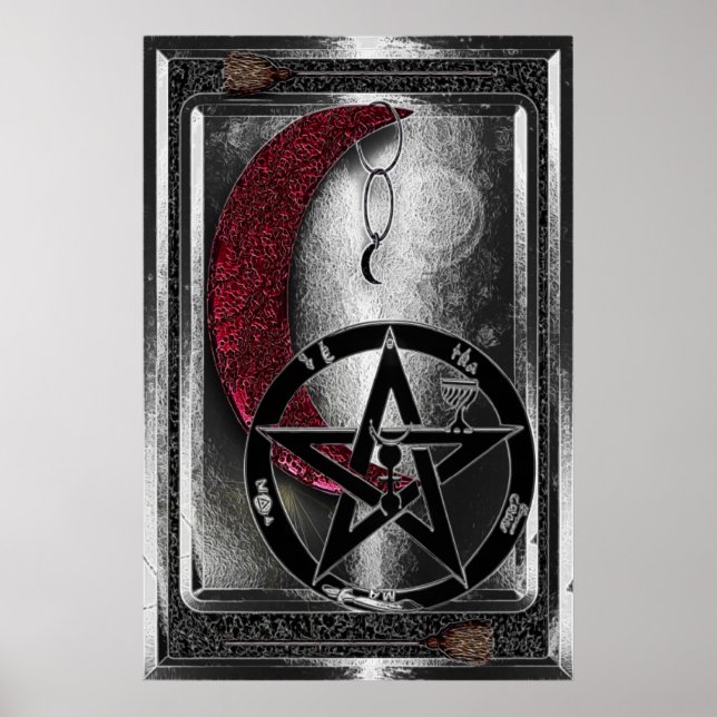 Wiccan Silver Cresent Moon & Pentagramm Poster (Vorne)