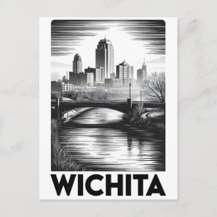 Wichita Kansas Skyline Schwarz Weiß Holzschnitt Feiertagspostkarte