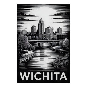 Wichita Kansas Skyline Schwarz Weiß Holzschnitt Poster