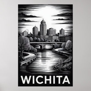 Wichita Kansas Skyline Schwarz Weiß Holzschnitt Poster