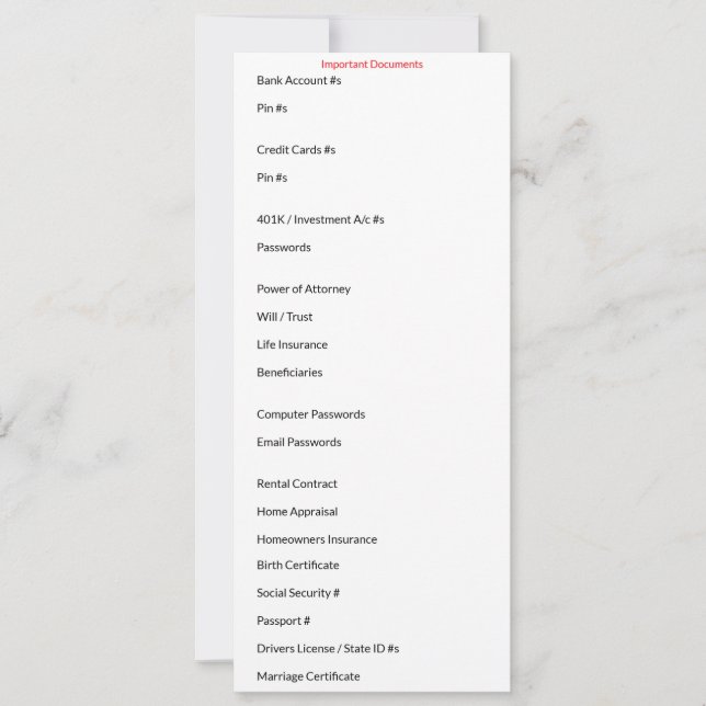 Wichtige Dokumentenkarte Karte (Vorderseite)