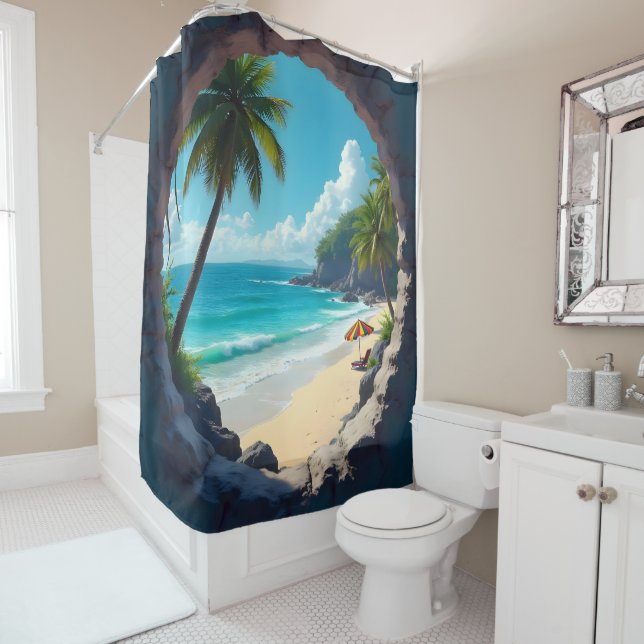 Wichtiger Blick auf den sonnenüberfluteten Strand  Duschvorhang (Beispiel)