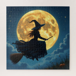 Wicked Halloween   Hexe auf Broom mit Vollmond Puzzle