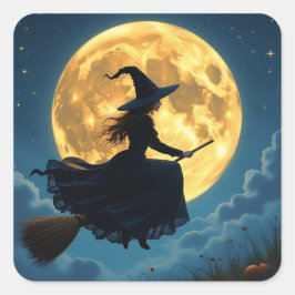 Wicked Halloween | Hexe auf Broom mit Vollmond Quadratischer Aufkleber