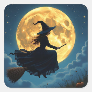 Wicked Halloween   Hexe auf Broom mit Vollmond Quadratischer Aufkleber