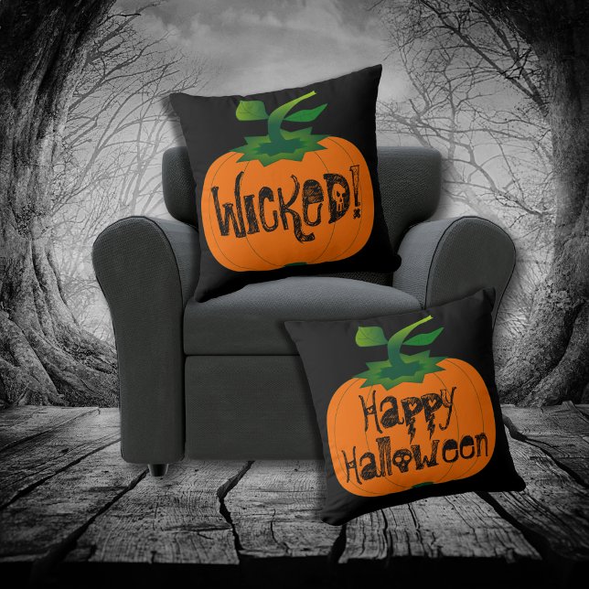 Wicked Happy Halloween Black Orange Pumpkin Kissen (Von Creator hochgeladen)