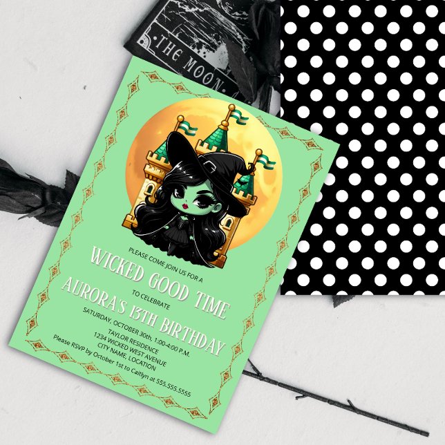 Wicked Hexe Good Time Birthday Party Einladung (Little wicked green witch party invitation front and back view.)