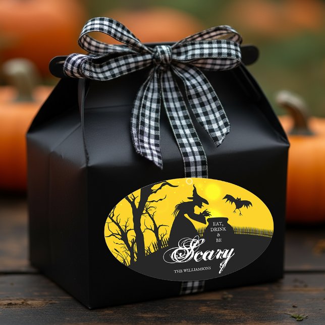 Wicked Hexenmeister Silhouette Halloween Ovaler Aufkleber (Wicked witch silhouette Halloween theme oval stickers, 4.5 x 2.7 inch (sheet of 4)  )