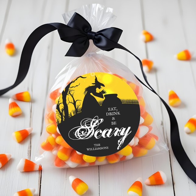 Wicked Hexenmeister Silhouette Halloween Runder Aufkleber (Wicked witch silhouette Halloween theme round stickers, 3" or 1-1/2" sizes available)