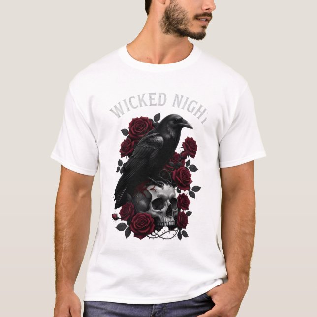 Wicked Night Raven & Skull Gothic Halloween T-Shir T-Shirt (Vorderseite)