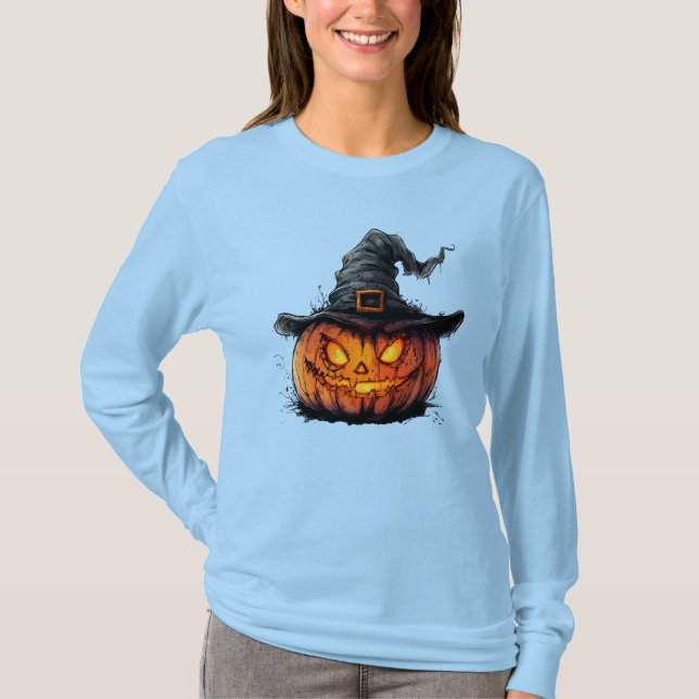 Wicked Pumpkin Witch Hat Halloween T-Shirt (Vorderseite)
