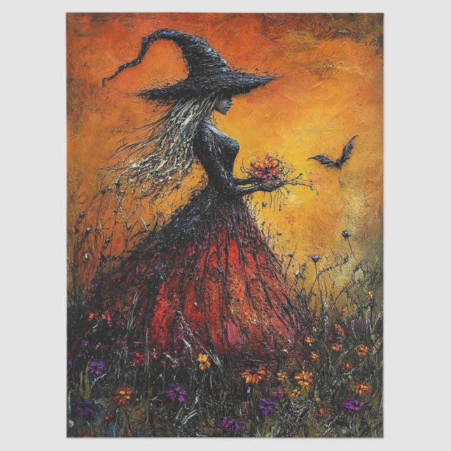 Wicked Witch in Red with Her Bat Decoupage Seidenpapier (Vorderseite)