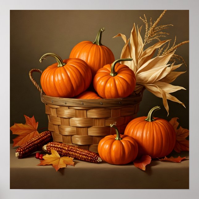 Wicker Basket und Pumpkin - Rustikales Bauernhaus Poster (Vorne)