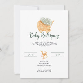 Wicker Carriage & Rocking Horse Baby - Sage Green Einladung