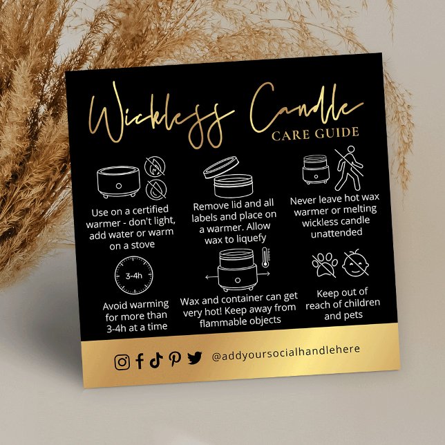 Wickless Candle Black & Gold Script Logo Care Card Quadratische Visitenkarte (Von Creator hochgeladen)