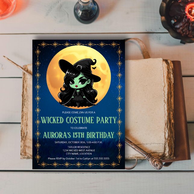 Wickwiederholt Fun Green Hexe Halloween Geburtstag Einladung (Wicked green witch elegant costume / birthday party invitation for kids or adults; front view.)