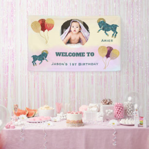 Widder Aquarell 1. Geburtstagsfoto & Ballons Banner