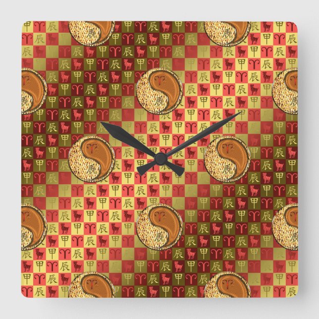 Widder & Holz-Drache Quadratische Wanduhr (Vorderseite)