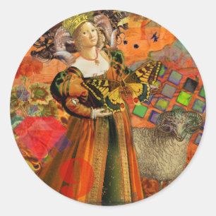 Widder Orange Frau: Gothic Ram Antique Art Collage Runder Aufkleber