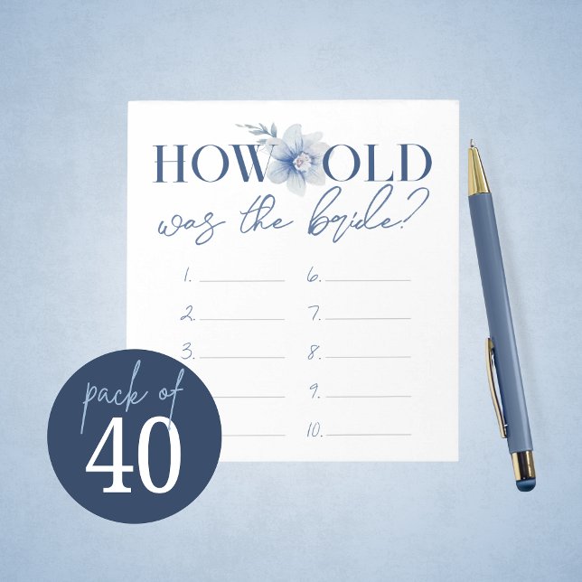 Wie alt war die Antwort auf das Spiel der Braut? Notizblock (Blue Watercolor Floral How Old Was the Bride Bridal Shower Game Answer Sheets - Pack of 40 Games)