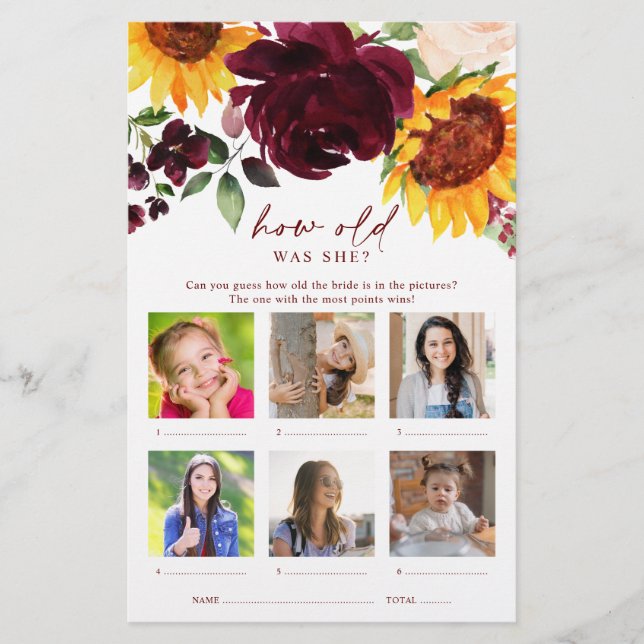 Wie alt war ihr Foto Sonnenblumen Brautparty Game (Vorderseite)