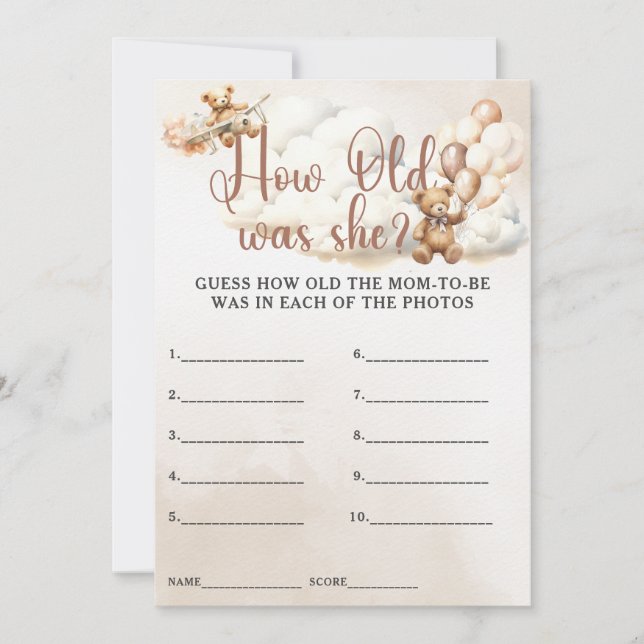 WIE ALT WAR SIE Baby Shower Game Niedlich Bear Einladung (Vorderseite)