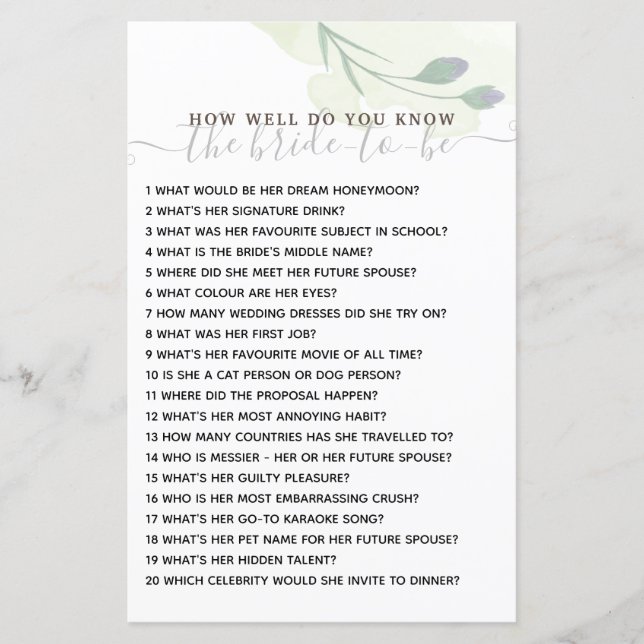 Wie gut kennen Sie das Bride Brautparty Game? (Vorderseite)