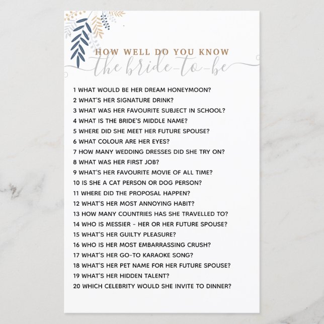 Wie gut kennen Sie das Bride Brautparty Game? (Vorderseite)