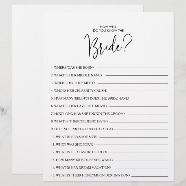 Wie gut kennen Sie das Bride Brautparty Game? (Vorne/Hinten)