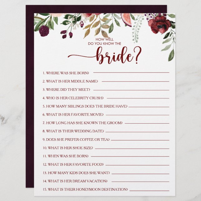 Wie gut kennen Sie das Bride Brautparty Game? (Vorne/Hinten)