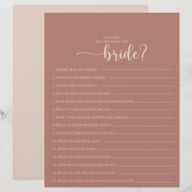 Wie gut kennen Sie das Bride Brautparty Game? (Vorne/Hinten)