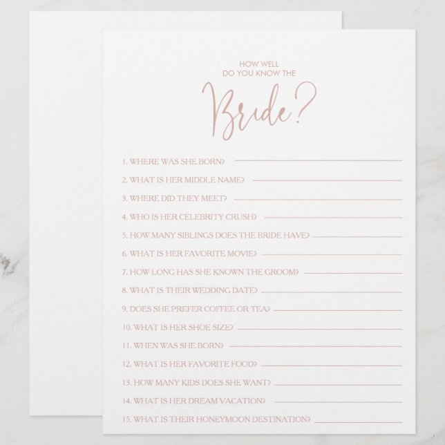 Wie gut kennen Sie das Bride Brautparty Game? (Vorne/Hinten)