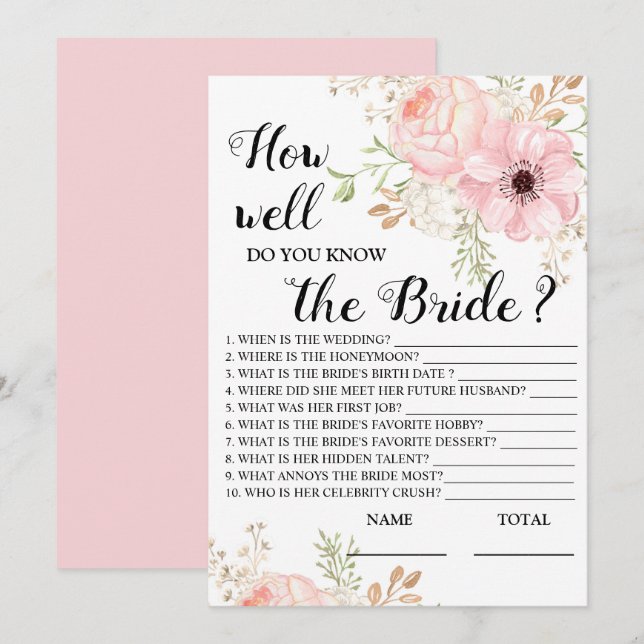 Wie gut kennen Sie das Bride Floral Bridal Game? Einladung (Vorne/Hinten)
