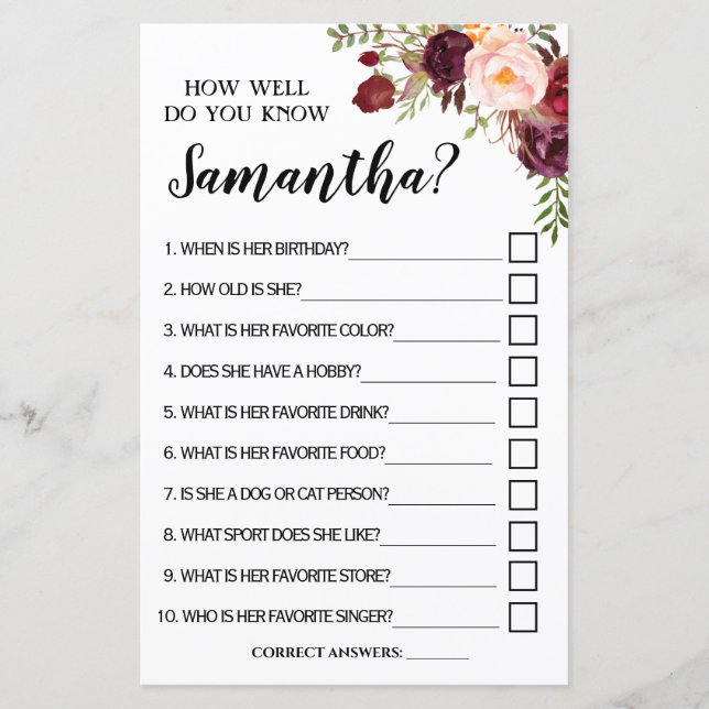 Wie gut kennst du Bride Marsala Shower Game? (Vorderseite)