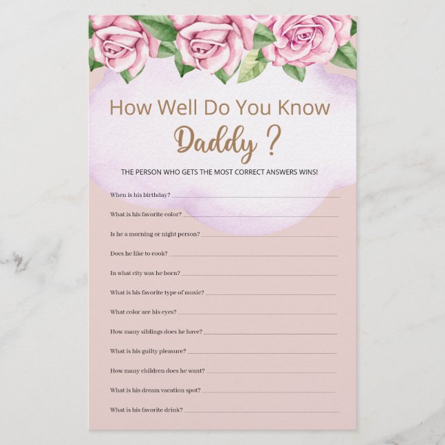 Wie gut kennst du Daddy Girl Baby Dusche? (Vorderseite)