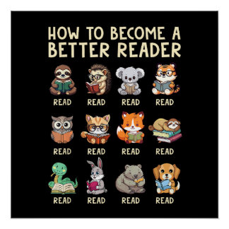 Wie man ein besserer Leser wird, Buch lustige Tier Poster