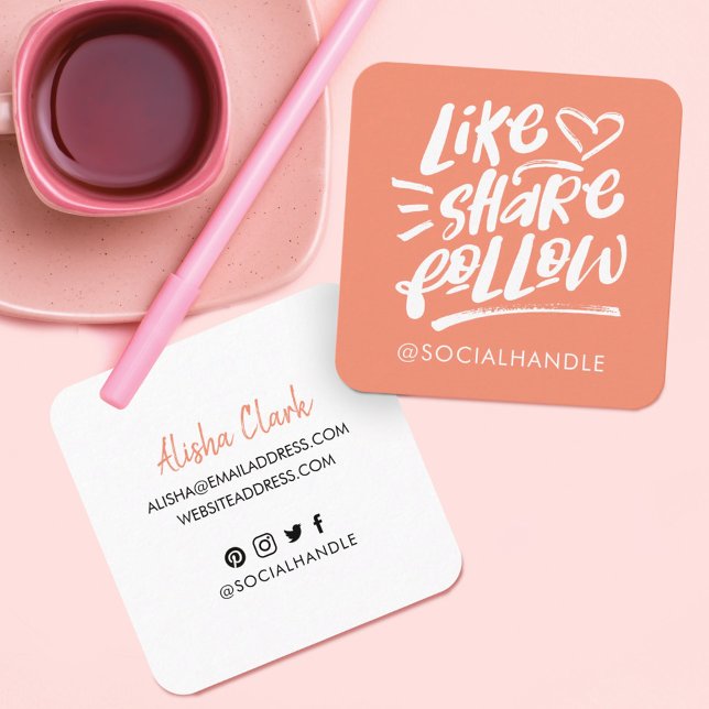 Wie Share folgen Sie Brush Script Peach Social Med Quadratische Visitenkarte (Von Creator hochgeladen)