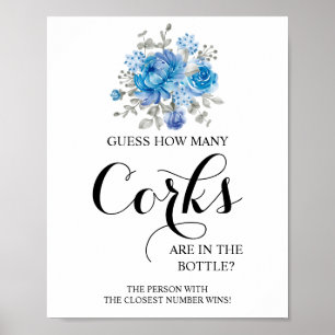 Wie viele Corks Blue Blume Brautparty Game Sign Poster