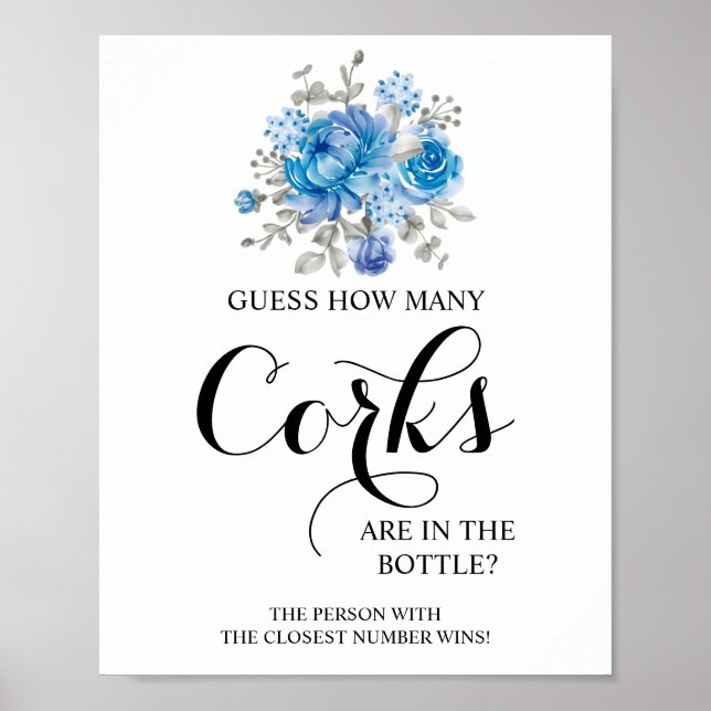 Wie viele Corks Blue Blume Brautparty Game Sign Poster (Vorne)