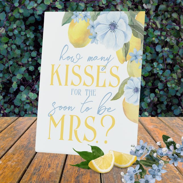 Wie viele Küsse für den Bald zu Mrs. Game Sockelschild (How Many Kisses for the Mrs Watercolor Lemon Main Squeeze Bridal Shower Standing Pedestal Game Sign)