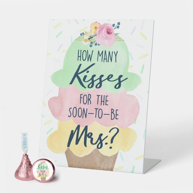 Wie viele Küsse für Mrs. Ice Cream Brautparty Sockelschild (How Many Kisses for Mrs Bridal Shower Game Table Pedestal Sign)