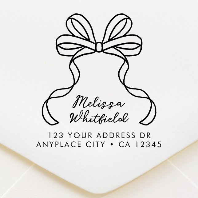 Wiederadress-Stempel mit Schleifenband | Coquette Gummistempel (A feminine return address stamp with pretty coquette ribbon bow line art design.)