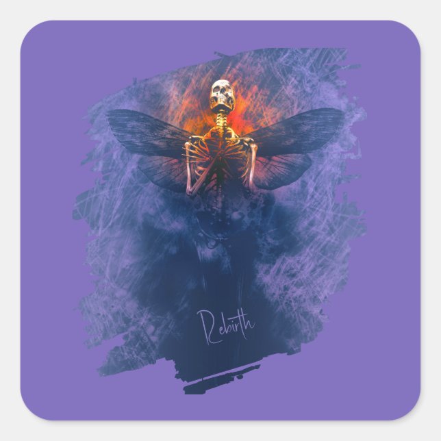 Wiedergeburt. Skelett mit aufsteigenden Flügeln Quadratischer Aufkleber (Vorderseite)