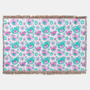 Wiederholen Sie Muster Teddybärn-Blumenrosa-Aqua Decke