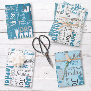 Wiederholender Name Personalisiert Blau Mittel. Lä Geschenkpapier Set