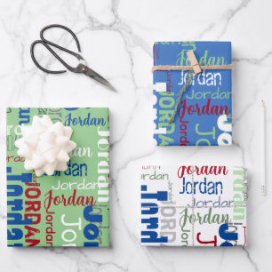 Wiederholter Name Blue Green Red Weihnachten Geschenkpapier Set