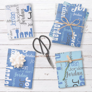 Wiederholter Name Cornflower Blue White Gray Geschenkpapier Set