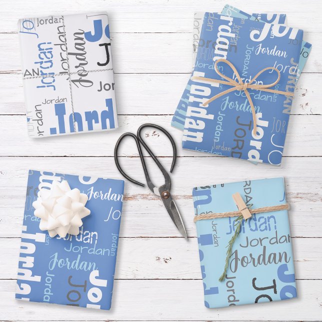 Wiederholter Name Cornflower Blue White Gray Geschenkpapier Set (Set includes three sheets - one of each color.)